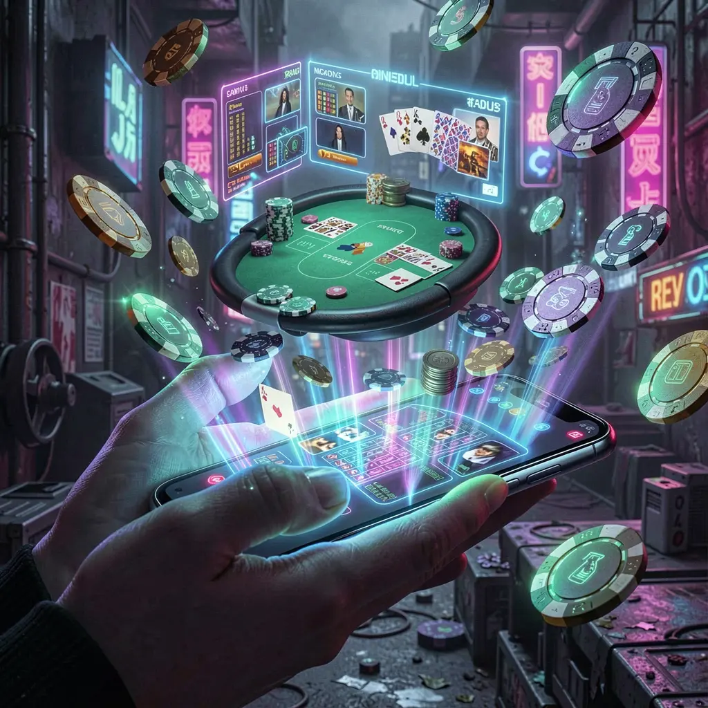Futuristic casino app interface with glowing chips and holographic game elements floating above a smartphone in a cinematic scene