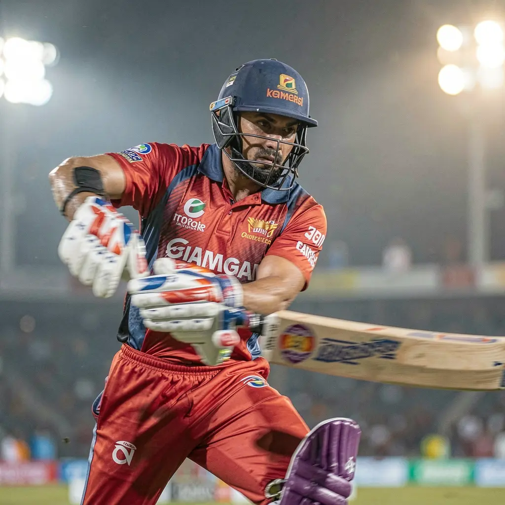 Dynamic cricket scene with a batsman in motion under stadium lights capturing the thrill of live matches and betting on 7i7777 in Bangladesh