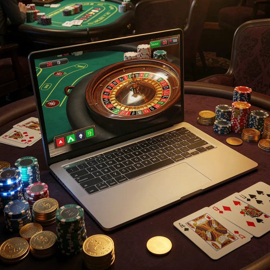 A sleek laptop on a casino table showing a live roulette wheel with stacks of gold coins and poker chips highlighting the premium online casino experience at 7i7777