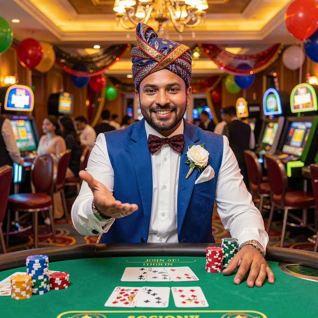 Smiling Bangladeshi casino host inviting players to sign in at a vibrant casino table with cards and chips on 7i7777