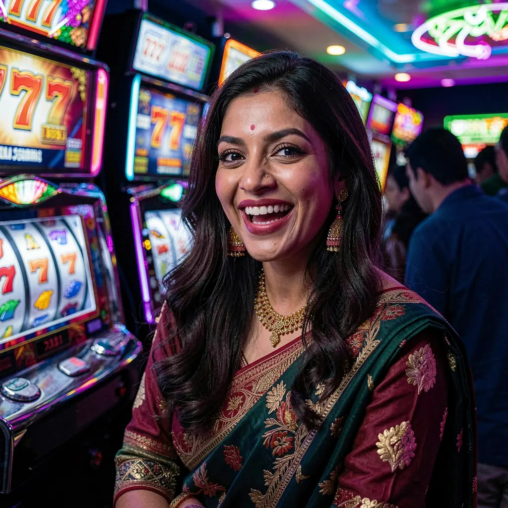 Joyful casino player celebrating a win in front of glowing 777 slot symbols in a vibrant gaming atmosphere at 7i7777 in Bangladesh